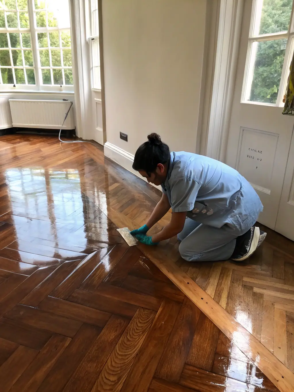 A craftsman applying a protective finish to a newly sanded hardwood floor, highlighting the rich color and grain of the wood.