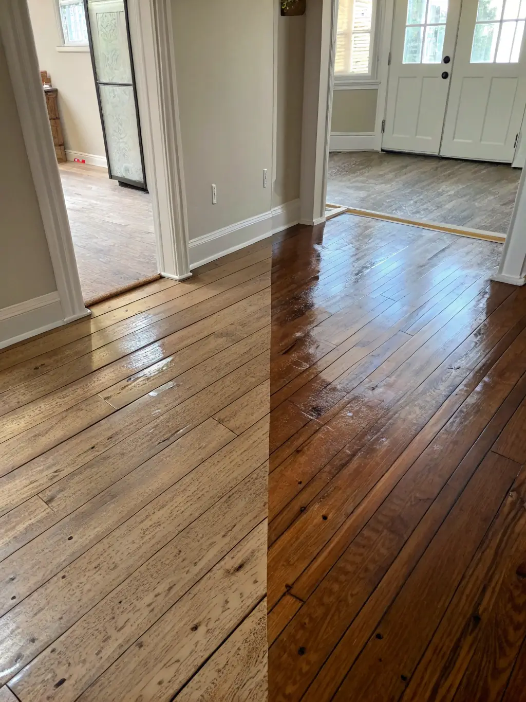 A before-and-after photo showing a worn, uneven hardwood floor being transformed into a smooth, pristine surface through professional sanding.