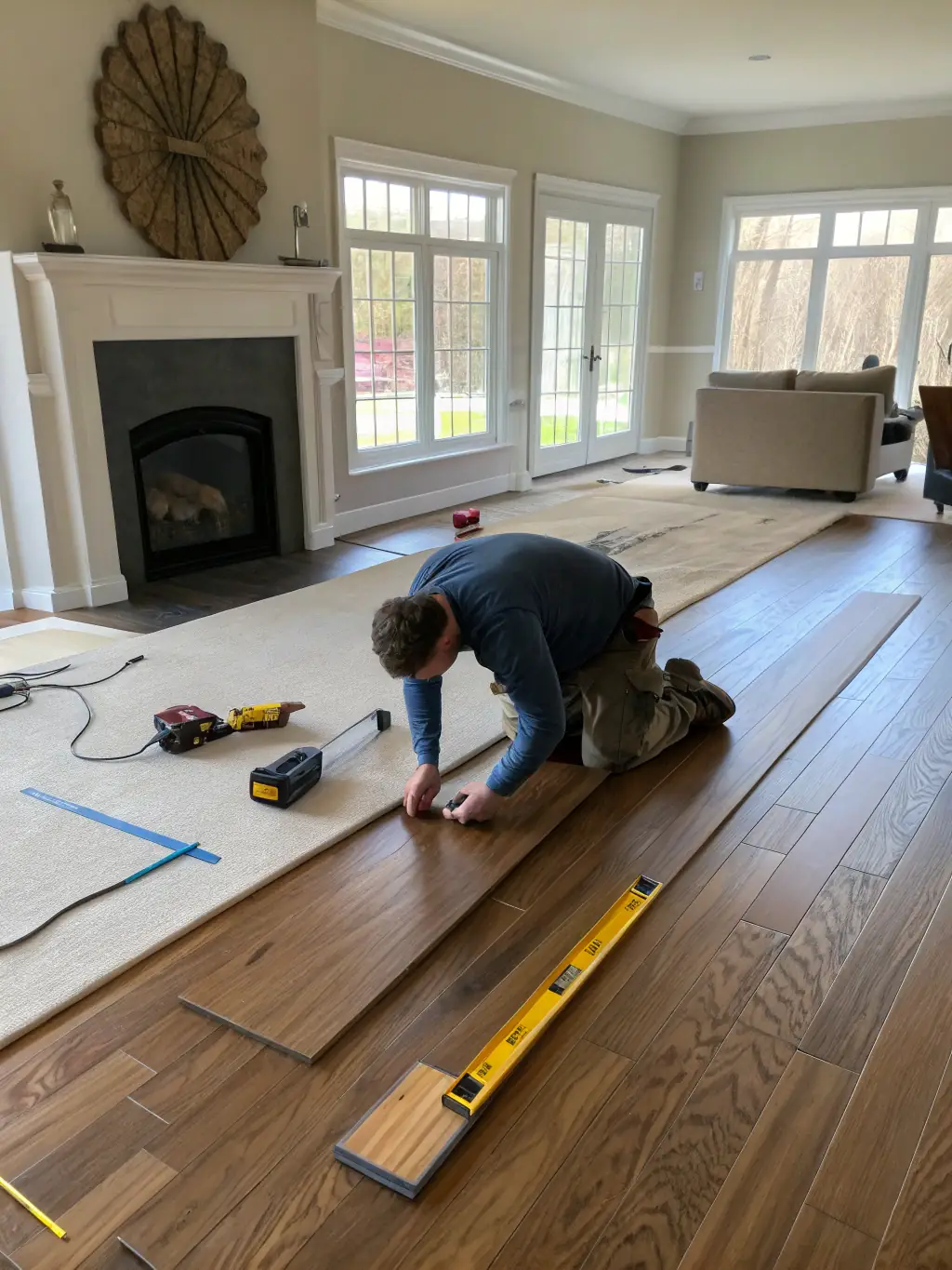 A close-up shot of a skilled installer meticulously laying down hardwood planks, showcasing the precision and care involved in the installation process.