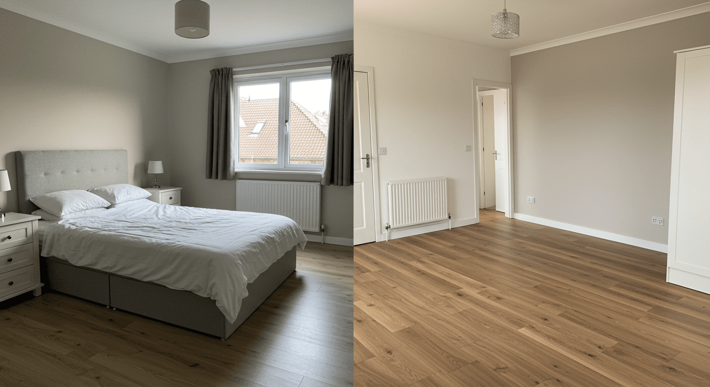A split image showing a bedroom before and after the installation of lino flooring. The transformation is striking, with the new flooring enhancing the overall aesthetic of the room.