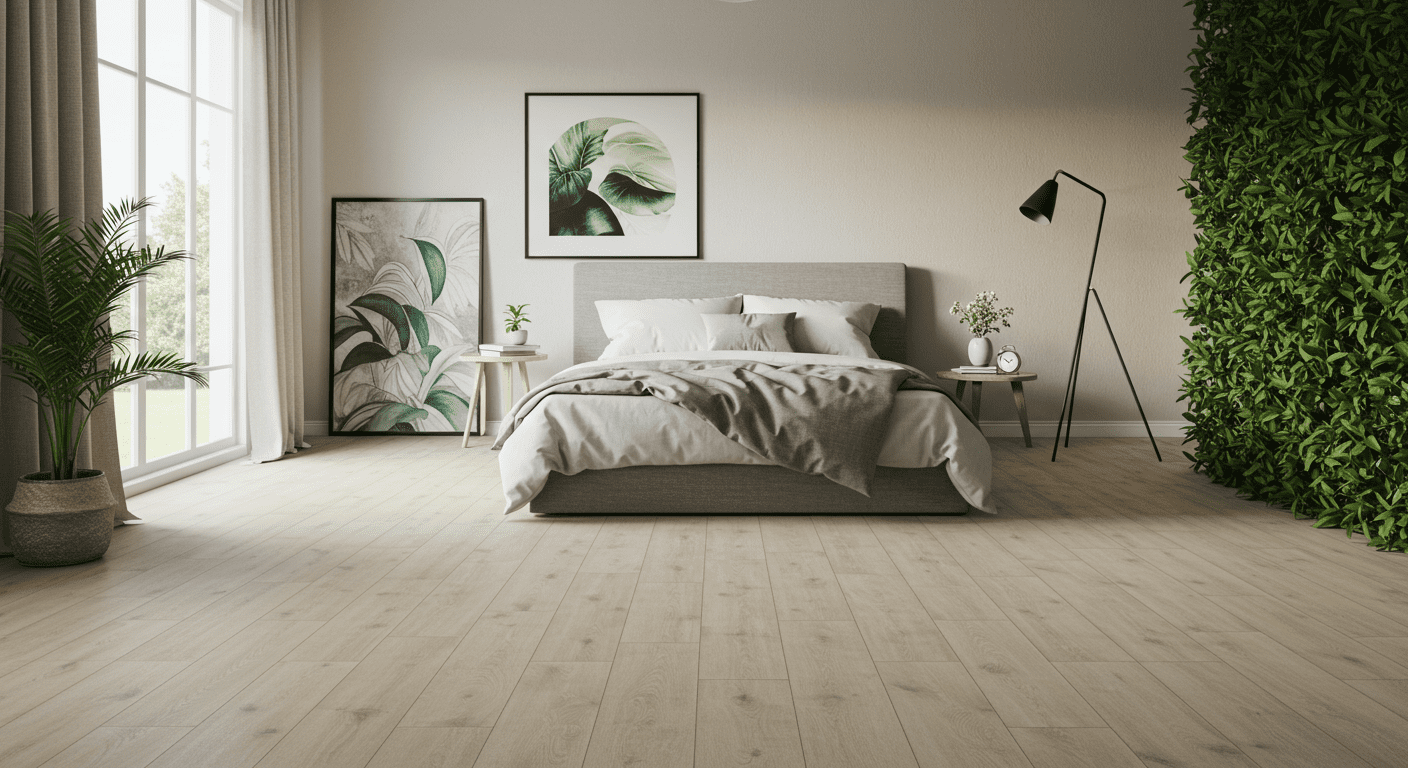 A chic bedroom with luxury vinyl flooring in a light beige tone. The space is adorned with contemporary art, a stylish bed frame, and greenery, creating a fresh and airy feel.
