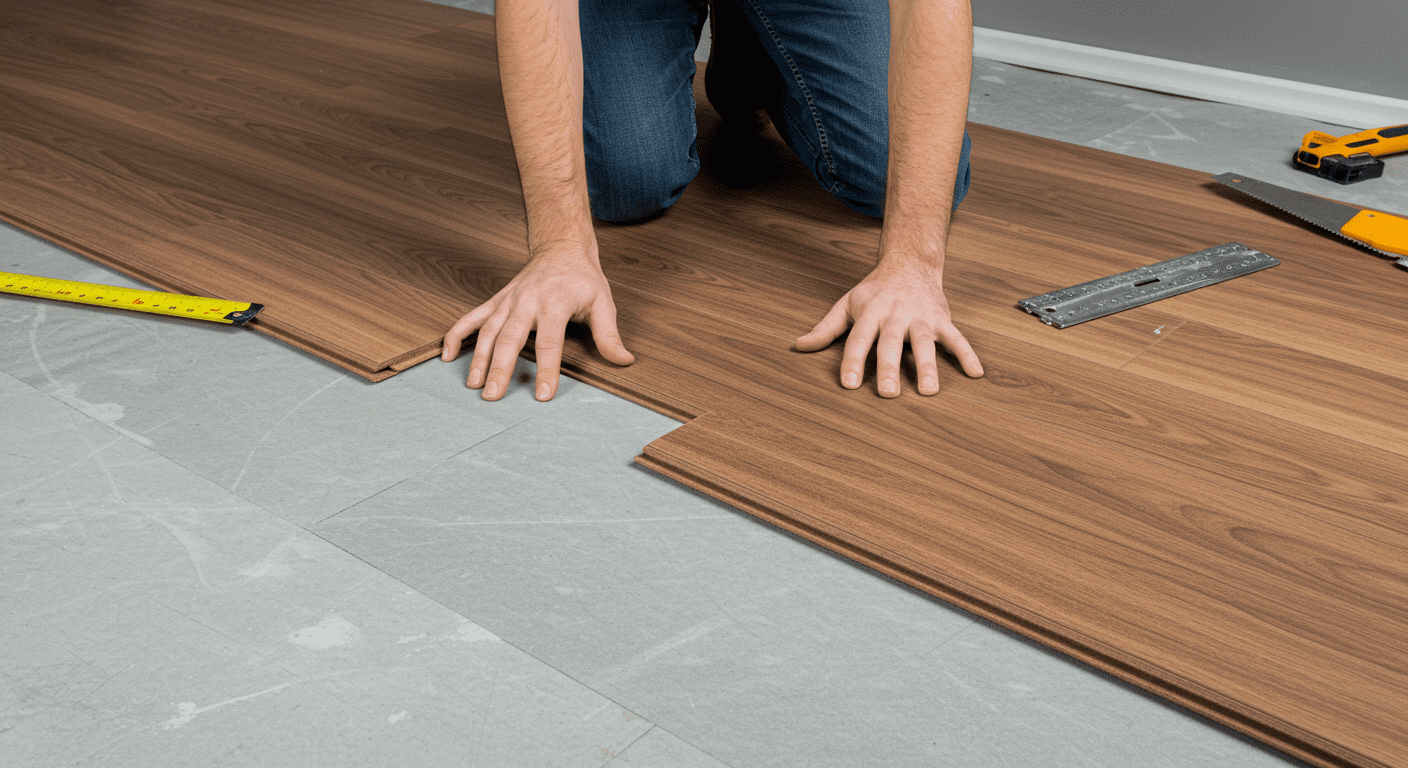 A step-by-step visual guide to the installation process of wood floor plastic. The image shows a person laying down planks in a well-lit room, with tools like a measuring tape and a saw nearby. The flooring's interlocking mechanism is highlighted to emphasize ease of installation.
