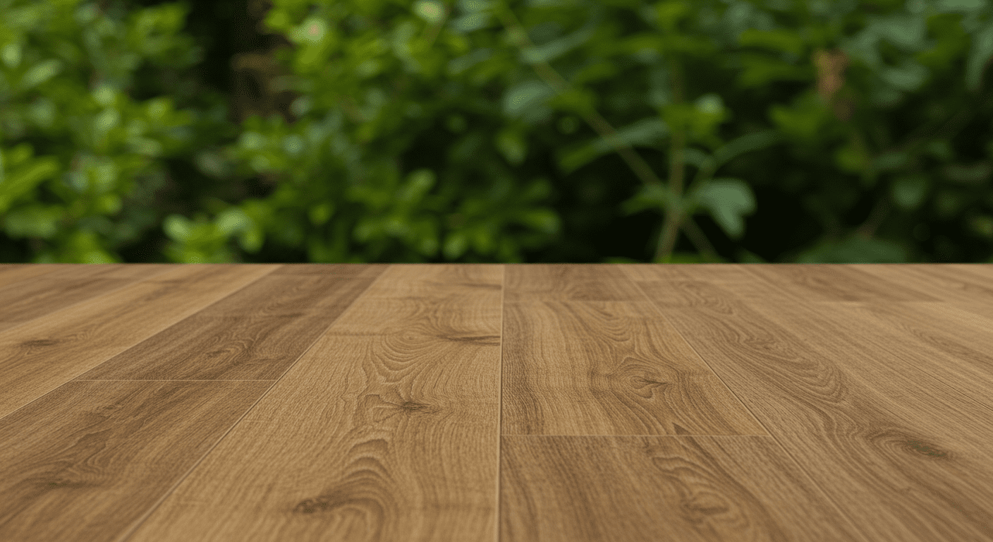 A close-up shot of eco-friendly laminated wooden flooring options, emphasizing their natural textures and colors. The background features plants to reinforce the eco-friendly theme.
