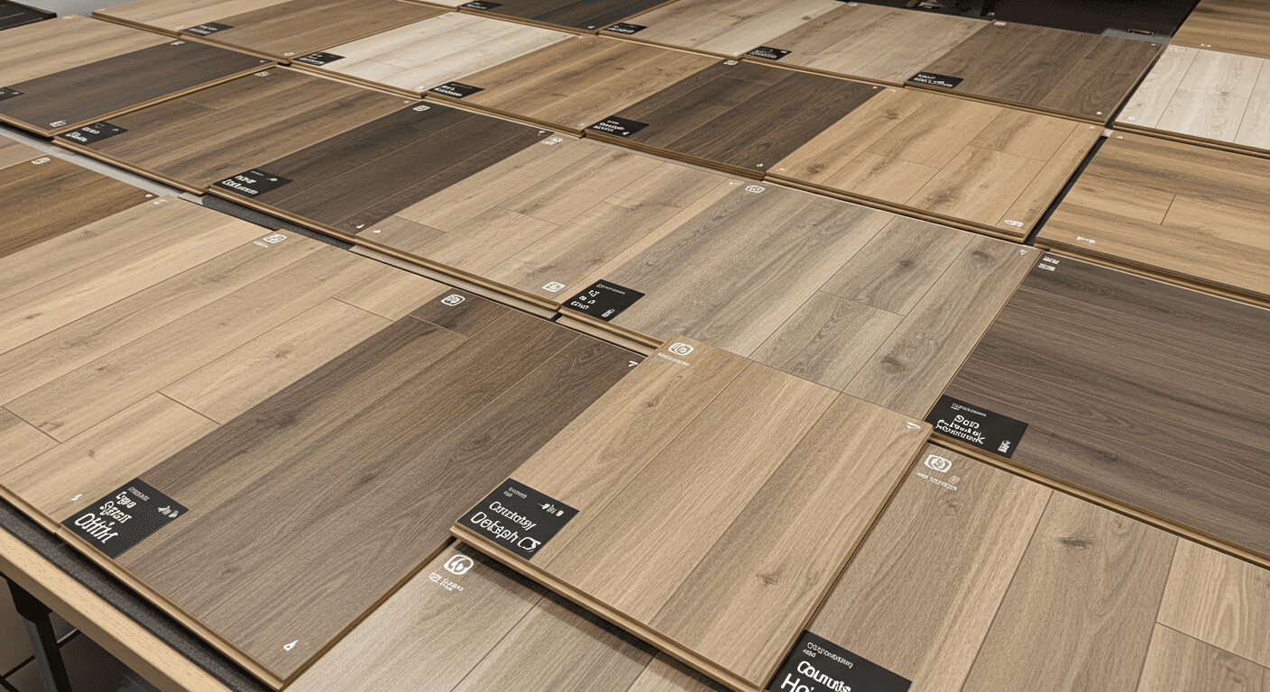 A visually appealing display of different laminate flooring samples arranged neatly on a table. Each sample showcases various colors and textures, emphasizing the stylish options available for homeowners.
