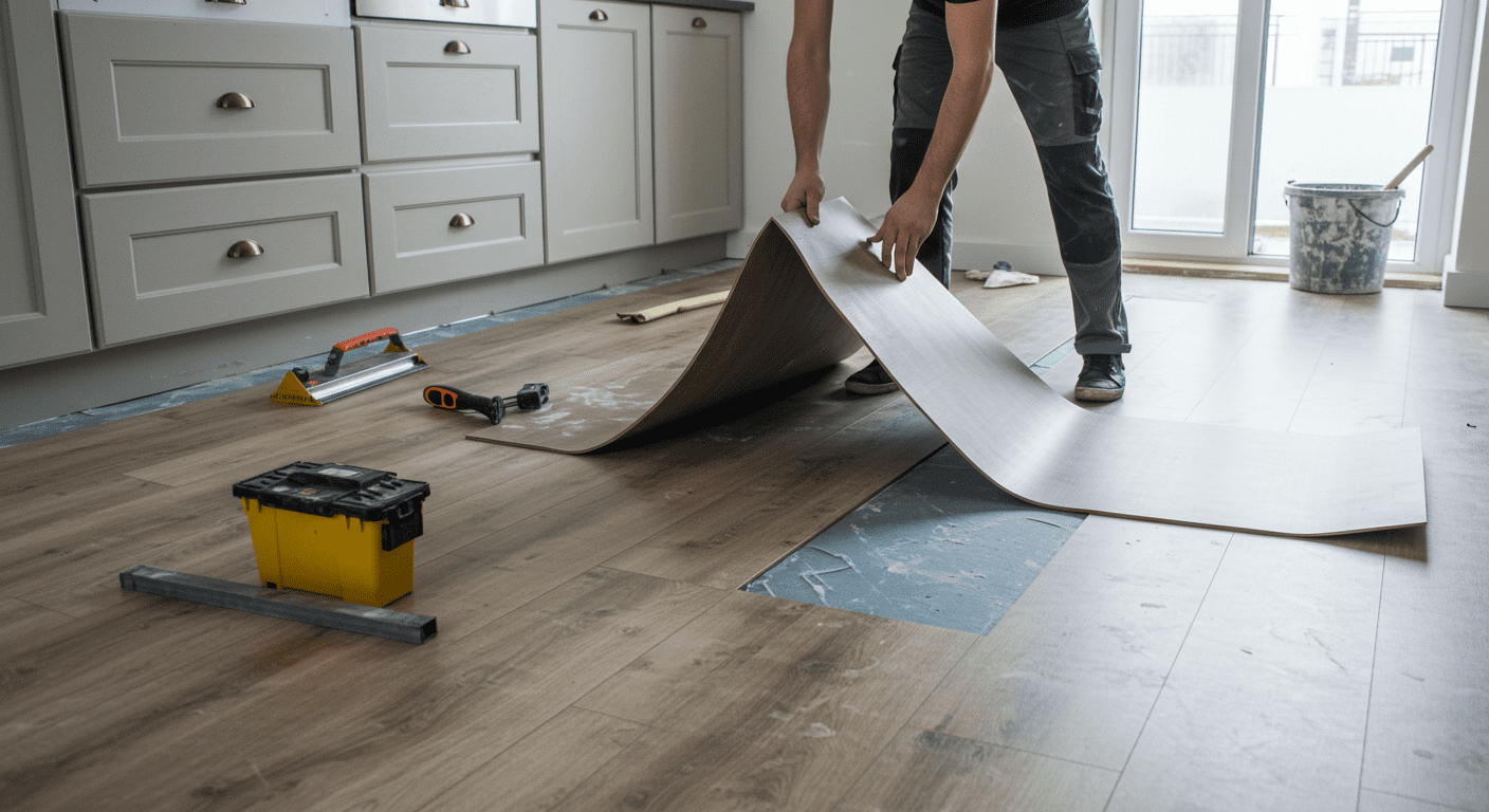 A step-by-step installation process of linoleum flooring in a modern kitchen.