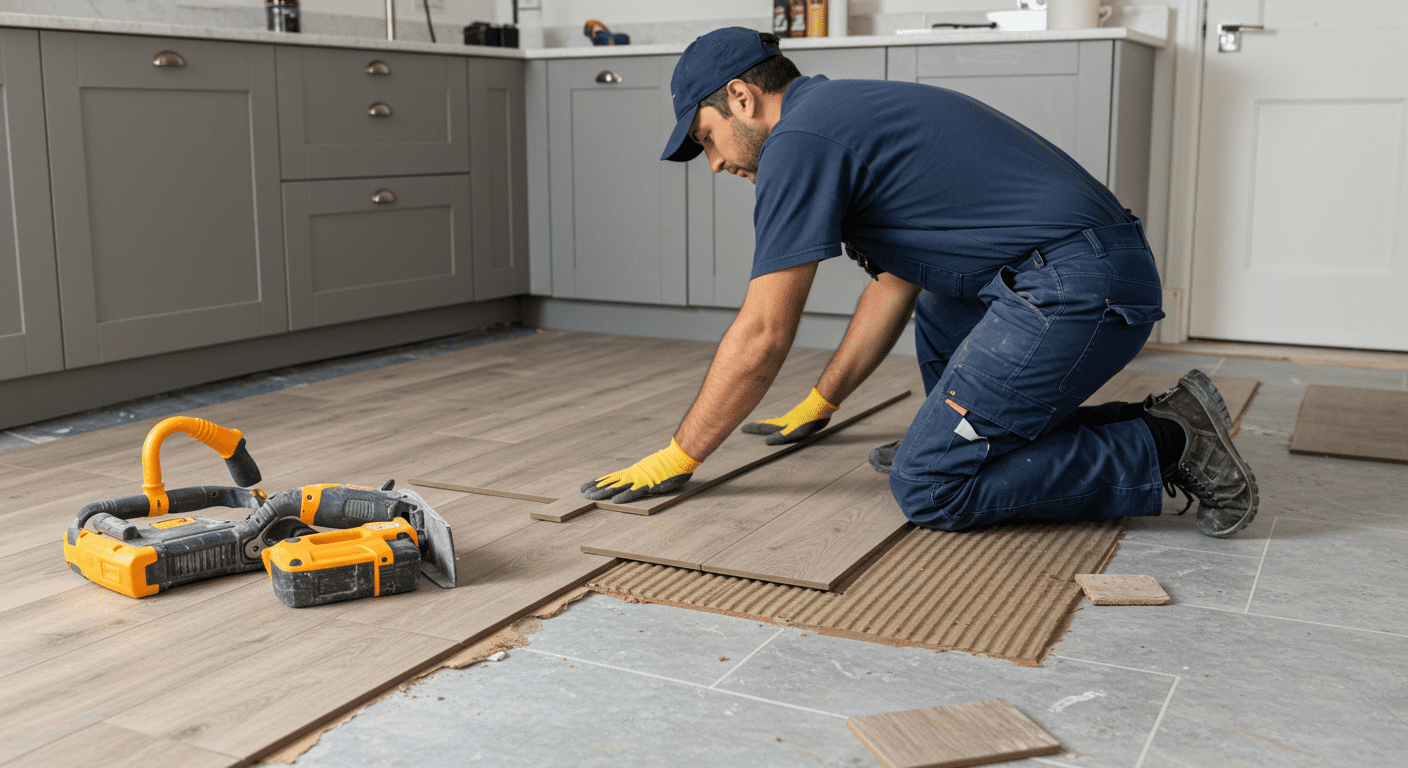 A professional flooring installer working on laying down luxury vinyl tiles in a modern kitchen setting. Tools and materials are neatly arranged, emphasizing the installation process.