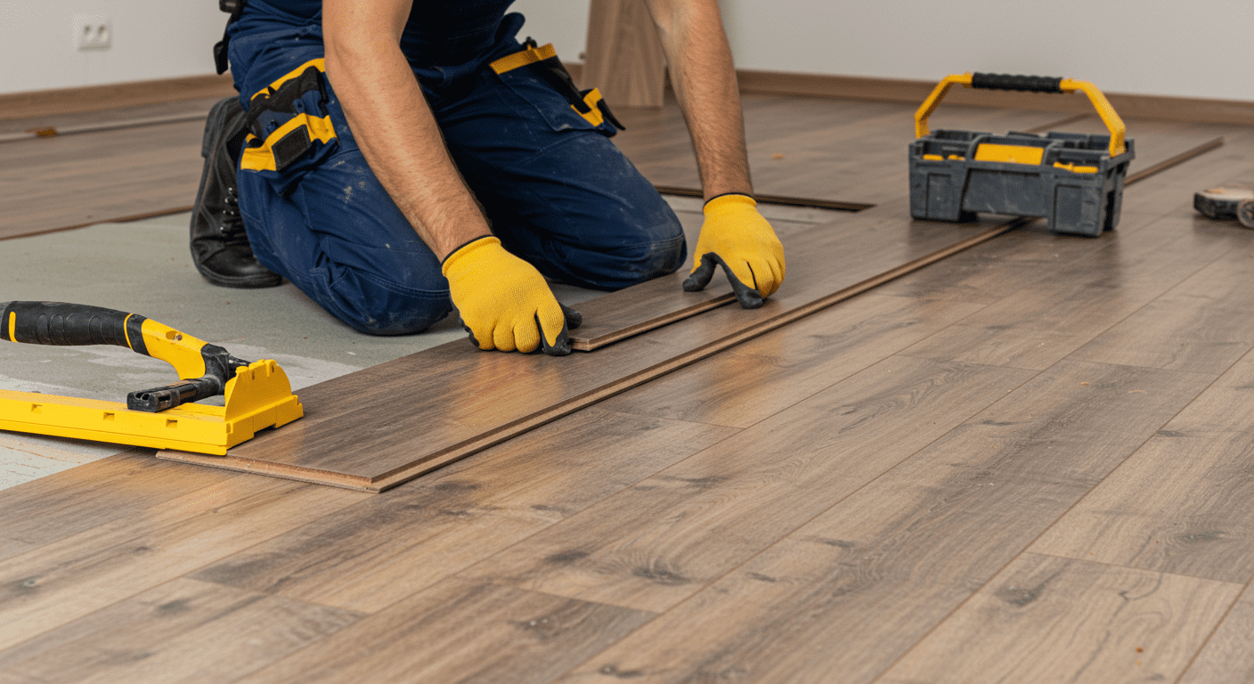 A close-up shot of a professional installer laying down laminate flooring planks. Tools and materials are neatly arranged, emphasizing the installation process.