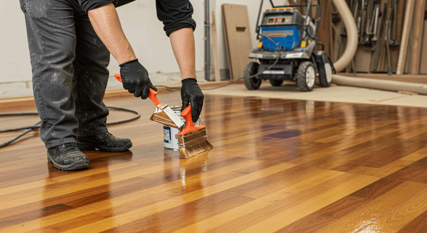 A professional refinisher applying a coat of finish to a hardwood floor, with tools and equipment in the background.