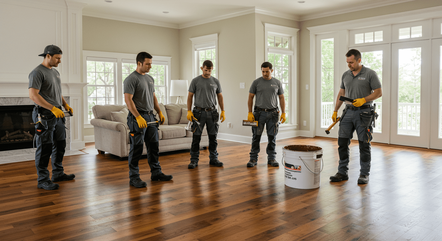 A team of hardwood floor refinishing contractors collaborating in a spacious living room. One contractor is applying a finish while another prepares tools, emphasizing teamwork and professionalism.