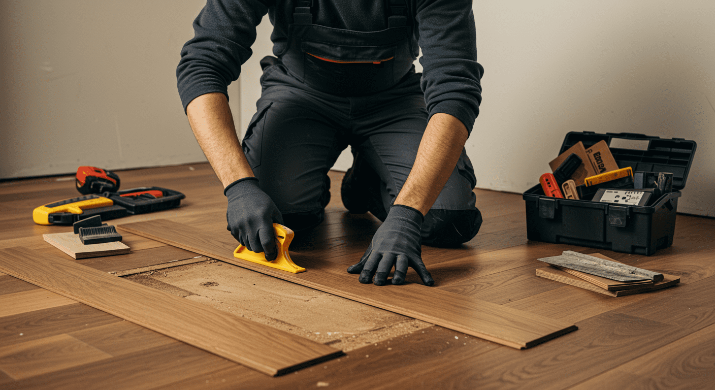 A skilled technician kneeling on a floor, carefully repairing hardwood planks. Tools and materials are neatly arranged nearby, emphasizing professionalism and attention to detail.