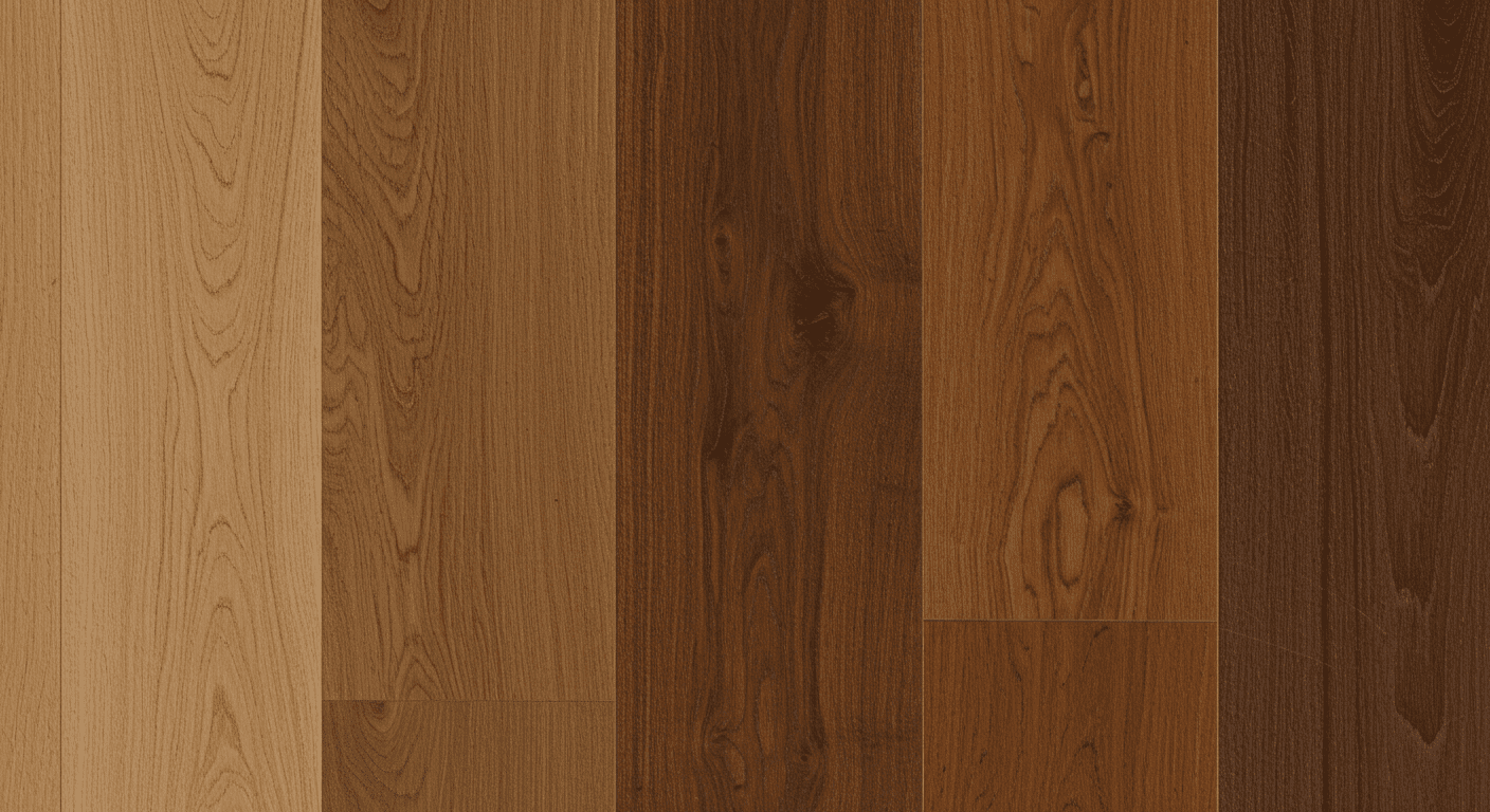 A close-up shot of different wood flooring styles, including oak, maple, and cherry, displayed side by side.
