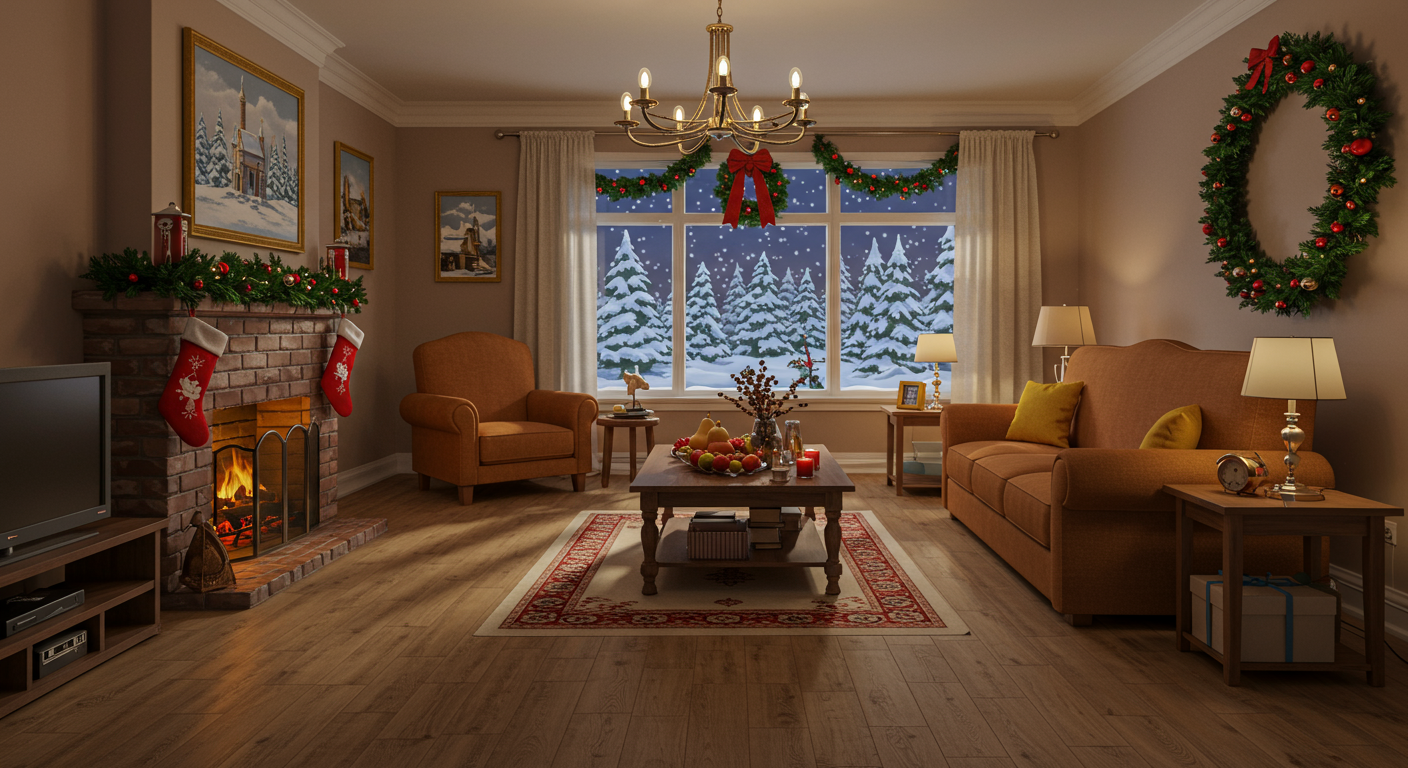 A winter-themed interior showcasing a warm and inviting living room with laminate flooring.