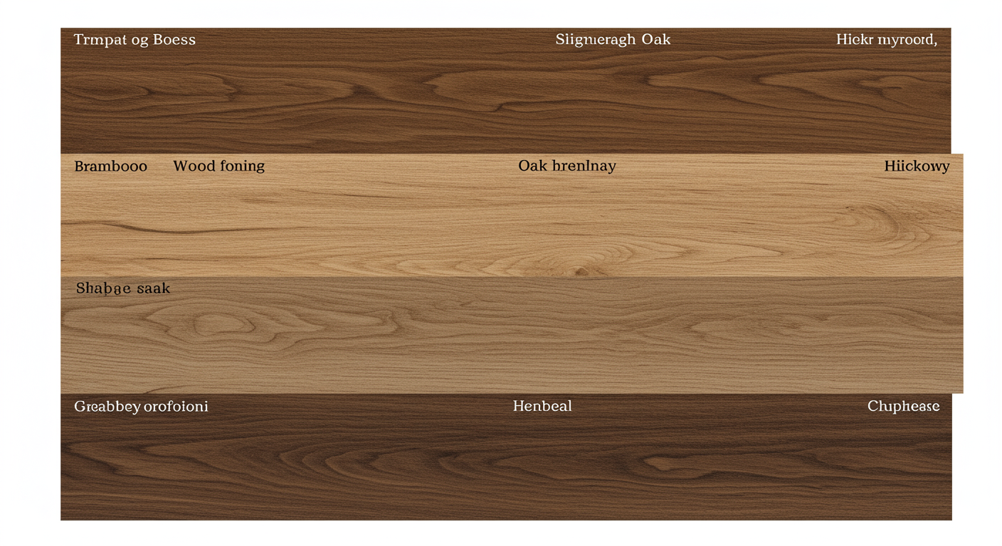 A side-by-side comparison of different types of budget wood flooring (e.g., bamboo, oak, hickory) displayed in a visually appealing manner. Each type is showcased on a separate section of a wooden board, highlighting their unique grains and colors.