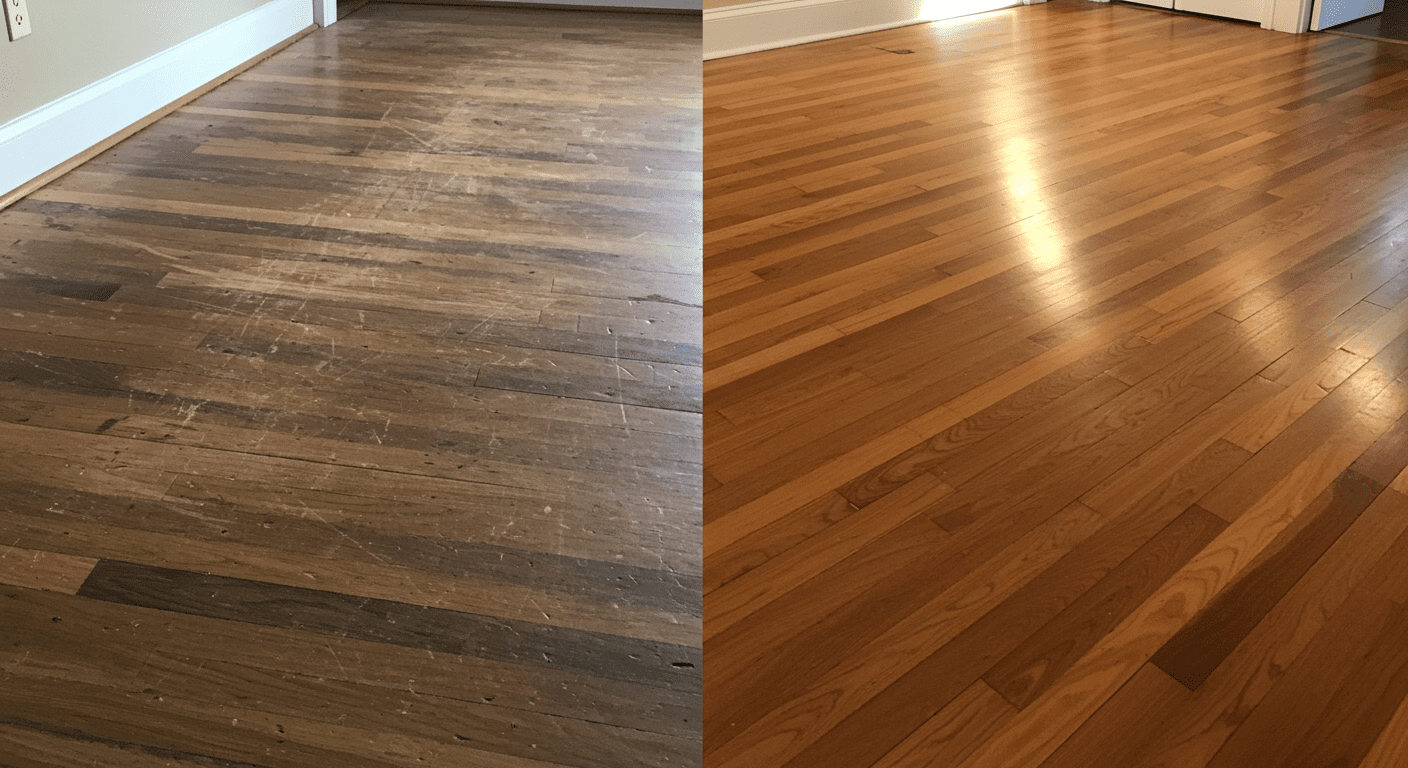 A split image showcasing a hardwood floor before and after repair. The left side shows a worn and scratched floor, while the right side displays a beautifully refinished surface, gleaming under warm lighting.