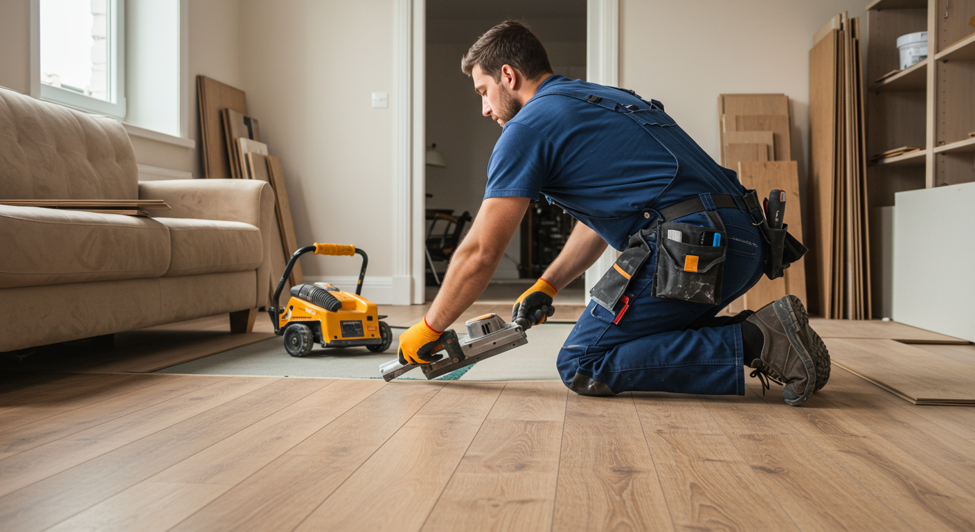 A skilled installer laying down hardwood flooring in a cozy living room setting. The image captures the focus and precision of the installer, with tools and flooring materials visible in the background.